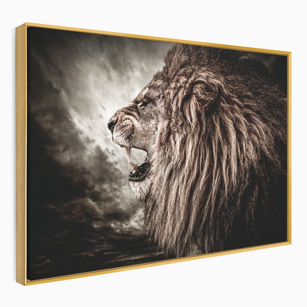 Tablou canvas cu tablou canvas cu leu racnind, in rama de aluminiu auriu